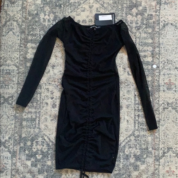Black Mesh Ruched Bardot Bodycon Dress NWT - Picture 2 of 6
